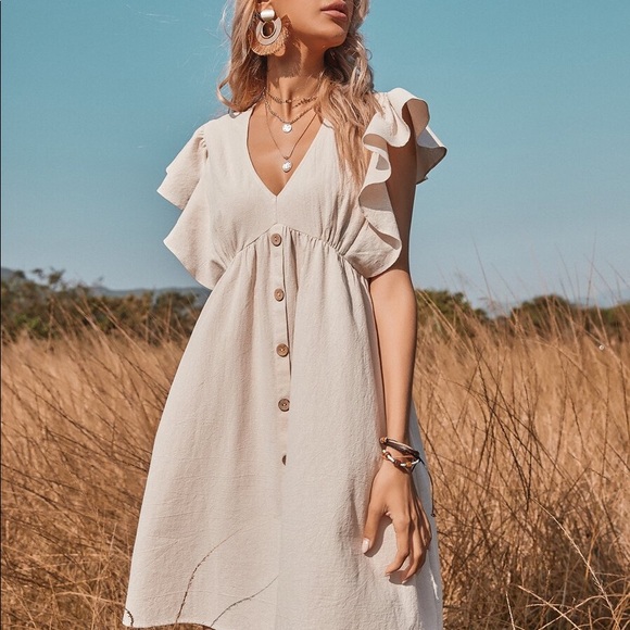 Vneck button detail boho ruffle sleeve beige dress - Picture 5 of 8